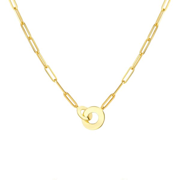 A 14 karat yellow gold paperclip chain necklace featuring a pendant made of 2 polished linking discs