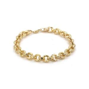 A 14 karat yellow gold rolo link chain bracelet with a diamond-cut texture