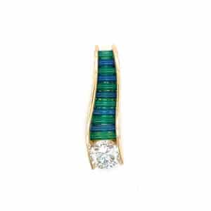 One estate 14 karat yellow gold pendant with a round brilliant diamond and alternating blue and green cylindrical-cut onyx stones