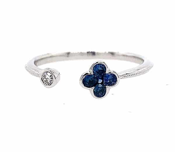 Blue Sapphire and Diamond Open Flower Ring