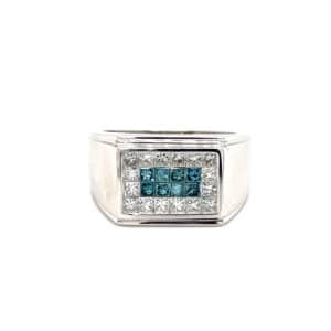 One estate 14 karat white gold men's band with 8 treated blue color princess-cut diamonds and 16 princess-cut diamonds in invisible settings on the top of the ring