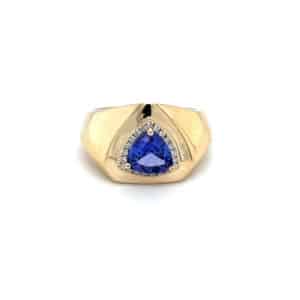 One estate 14 karat yellow gold ring with a 7mm trillion-cut tanzanite and a fitted halo with 21 round diamonds