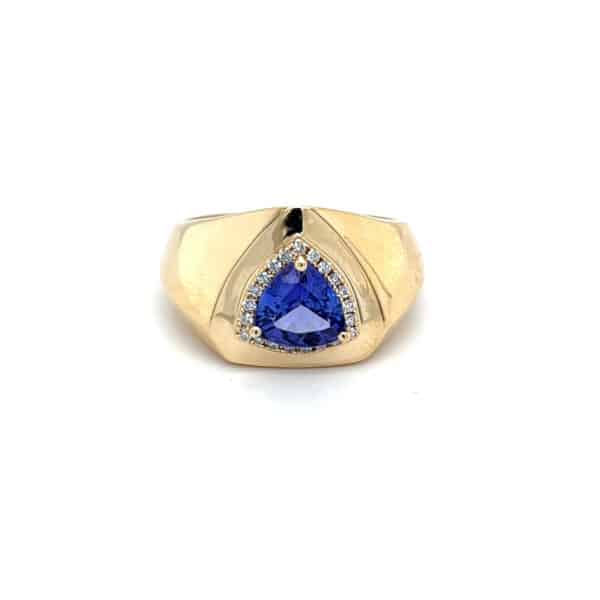 One estate 14 karat yellow gold ring with a 7mm trillion-cut tanzanite and a fitted halo with 21 round diamonds