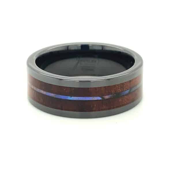 Black Ceramic Comfort Fit Band with Koa Wood and Abalone Inlay