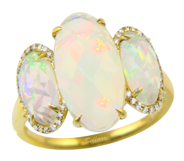 One 14 karat yellow gold three-stone ring by Bellarri with three oval-shaped faceted Ethiopian opals weighing 4.66 carats total weight with diamond halos around the outer two opals