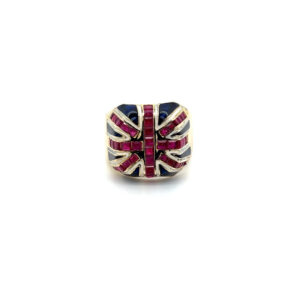 One estate 14 karat yellow gold Union Jack design ring with square-cut rubies, and white and blue enamel