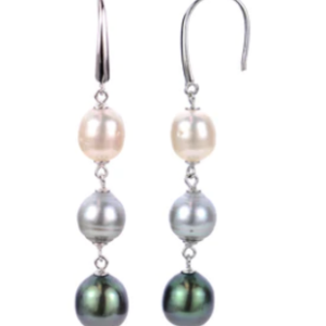 One pair of sterling silver drop earrings featuring 3 pearls on each earring including 1 white South Sea pearl, 1 light grey Tahitian pearl, and 1 dark grey Tahitian pearl
