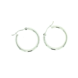One pair of 14 karat white gold polished hoop earrings measuring 2mm wide and 20mm in diameter