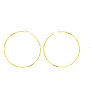 One pair of 14 karat yellow gold polished hoop earrings measuring 2mm wide and 50mm in diameter