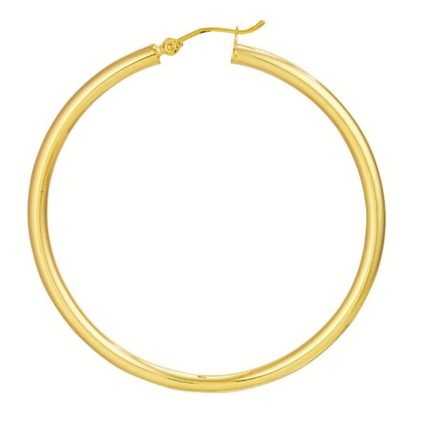 One pair of 14 karat yellow gold polished hoop earrings measuring 3mm wide and 50mm in diameter