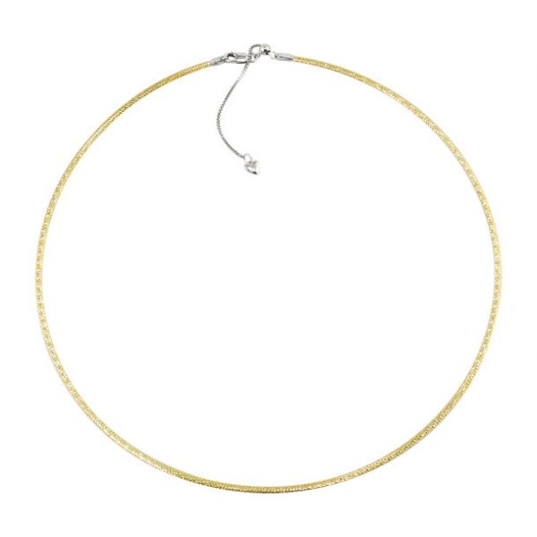 A 14 karat gold reversible omega chain necklace with one side rose gold and one side yellow gold with a white gold clasp