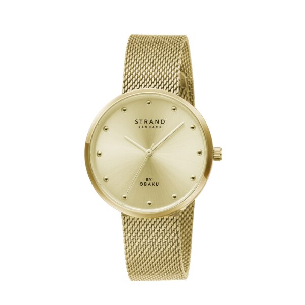 A gold-tone women's quartz analog watch with gold-tone round case, dial, and mesh bracelet