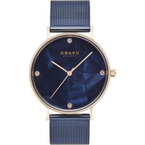 a women's quartz analog watch with a 36mm round dial with a rose gold-plated case, blue mother of pearl dial, and blue mesh bracelet