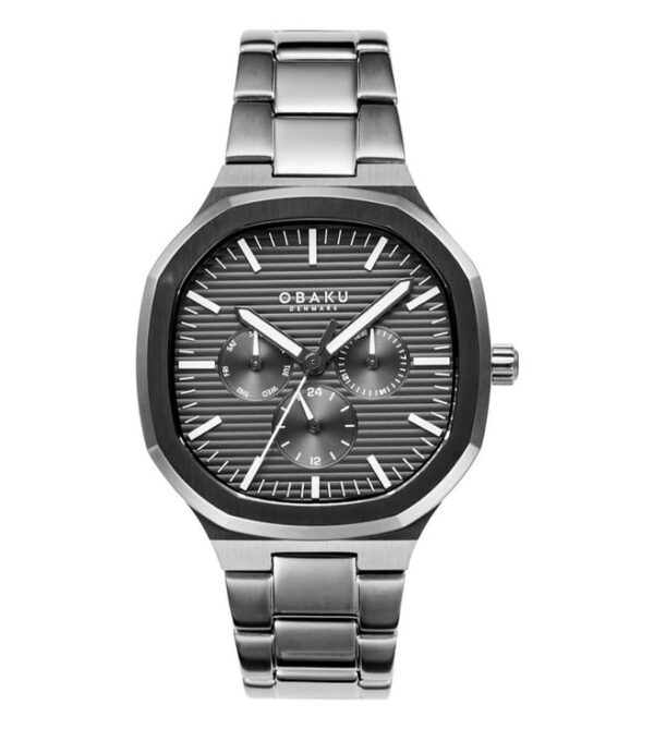 A men's grey-tone watch with ion-plated gun metal links, dial, and 42mm case
