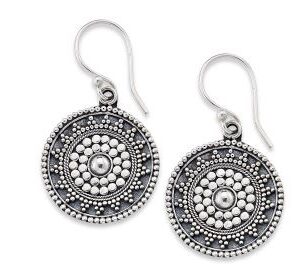 One pair of silver disc drop earrings with filigree and bead work accents in a symmetrical mandala-inspired design