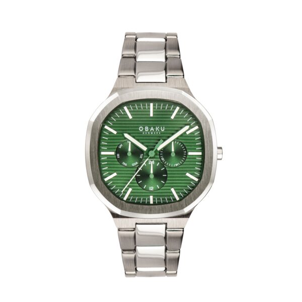 A silver-tone stainless steel watch with a jade green pin stripe dial