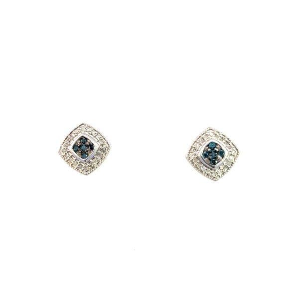 One estate pair of sterling silver stud earrings with a center cluster of round blue diamonds and a halo of white diamonds