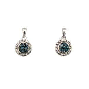 One estate pair of sterling silver round drop earrings with clusters of round blue diamonds and a textured halo design