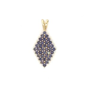 One estate 14 karat yellow gold marquise-shaped pendant set with a cluster of 37 round-faceted tanzanite measuring 2mm each