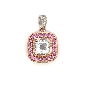 One estate 14 karat rose and white gold pendant with 4 round-faceted white aquamarines surrounded by a halo of 20 round-faceted pink sapphires