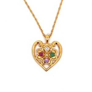 Estate vermeil pendant necklace with an ornate heart pendant set with a 3 round faceted 2.5mm gemstones including an amethyst, ruby, and emerald, and 1 round brilliant diamond weighing 0.02 carat on a 17" vermeil rope chain