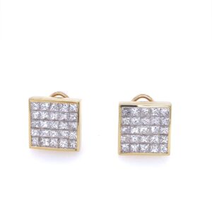 A pair of 18 karat yellow gold square stud earrings featuring invisible set clusters of princess cut diamonds weighing 5 carats total weight