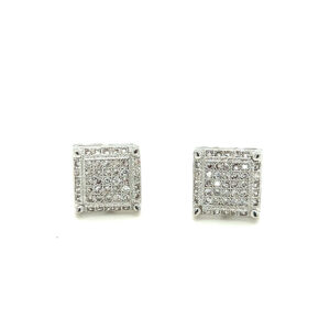 One pair of 14 karat white gold square stud earrings with clusters of cubic zirconia