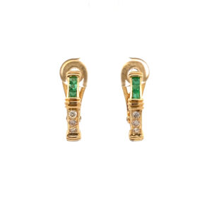 A pair of estate 18 karat yellow gold half hoop earrings with square cut emeralds and round diamonds