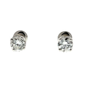 A pair of estate vintage 14 karat white gold solitaire stud earrings with 2 round brilliant diamonds weighing 1.58 carats total weight