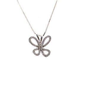 One estate 14 karat white gold abstract butterfly pendant necklace set with 0.75 carats of round brilliant diamonds on an 18" box chain.