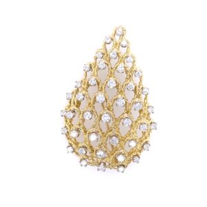 An estate vintage 18 karat yellow gold pear-shaped weave design brooch set with 2.25 carats of round diamonds
