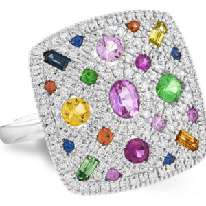 A 14 karat white gold square top ring set with rubies, tsavorite garnets, and sapphires in a variety of colors accented by diamonds