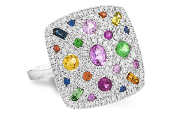 A 14 karat white gold square top ring set with rubies, tsavorite garnets, and sapphires in a variety of colors accented by diamonds