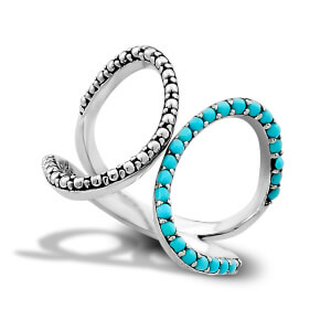 One sterling silver open style ring with round cabochon Sleeping Beauty turquoises and round silver beadwork