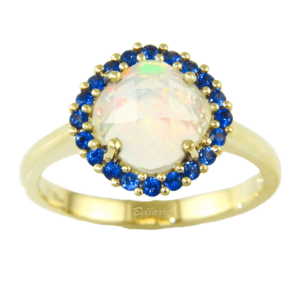 One 14 karat yellow gold ring by Bellarri with a center cushion-shaped faceted Ethiopian opal weighing 0.94 carat surrounded by a halo of 20 round-faceted blue sapphires weighing 0.35 carat total weight