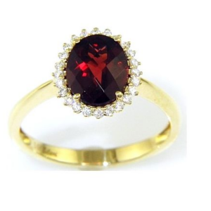 One 14 karat yellow gold ring from the Forever Young Collection by Bellarri with an oval-faceted garnet weighing 2.06 carats and 24 round brilliant diamonds weighing 0.15 carat total weight in three-prong settings in the halo