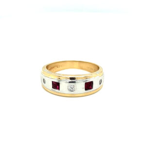 An estate 14 karat white and yellow gold band with flush-set 3 round diamonds and 2 square rubies