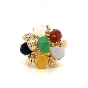An estate vintage 14 karat yellow gold cluster ring featuring 6 oval jade stones in a variety of colors