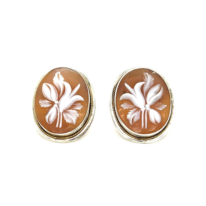 Estate Lily Flower Shell Cameo Earrings