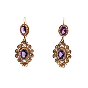One pair of estate retro 14 karat yellow gold Victorian-inspired drop earrings featuring 4 oval amethysts