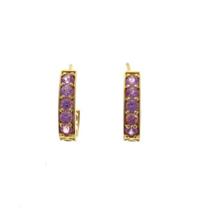 An estate pair of 14 karat yellow gold post hoop earrings set with a total of 10 round-faceted pink sapphires