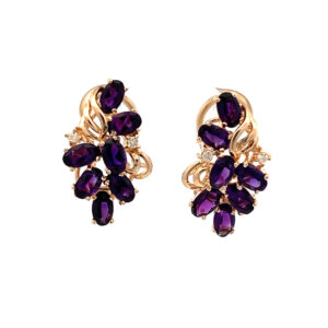 A pair of estate 14 karat yellow gold cluster drop earrings with oval amethyst and round diamond accents