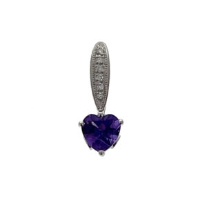 One estate 10 karat white gold drop pendant with a heart-shaped faceted amethyst and 6 round diamond in the bail