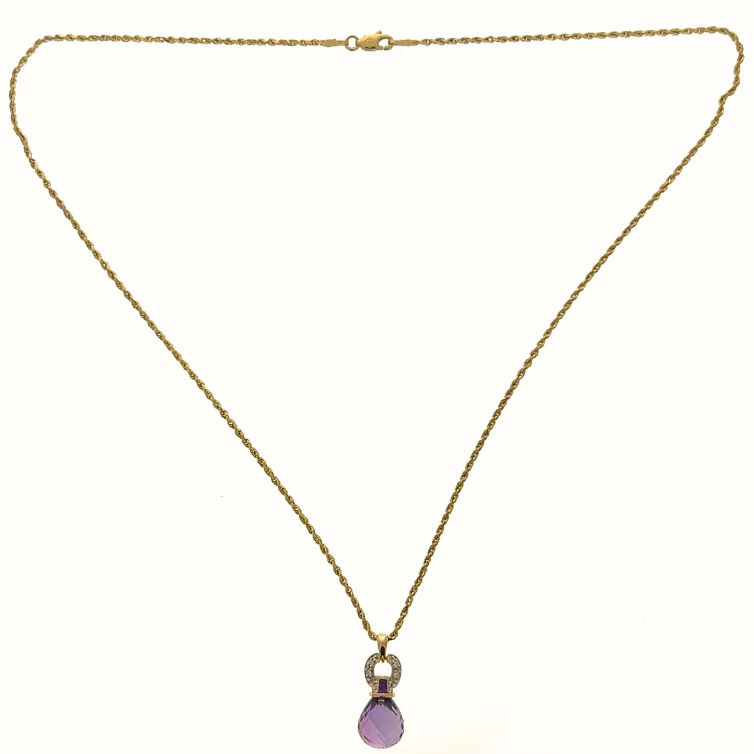 One estate 14 karat yellow gold pendant necklace with a briolette amethyst and an accent tapered baguette amethyst and 18 round brilliant accent diamonds