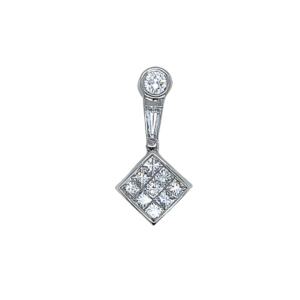 An estate platinum drop pendant set with diamonds in a variety of shapes