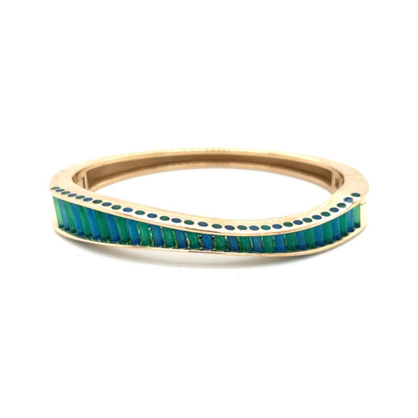 One estate 14 karat yellow gold bangle bracelet with blue and green cylette-cut onyx
