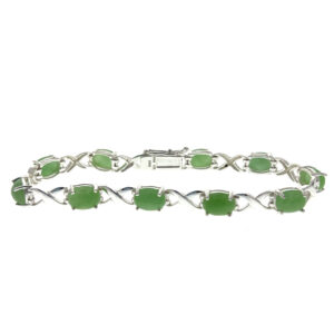 One estate sterling silver link bracelet with 10 oval-shaped cabochon green chrysoprase gemstones alternating with silver x-design links