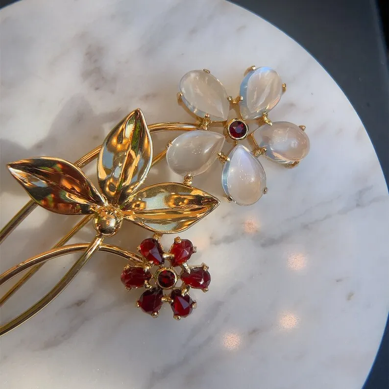 Estate Tiffany & Co. Garnet and Moonstone Vintage Flower Pin