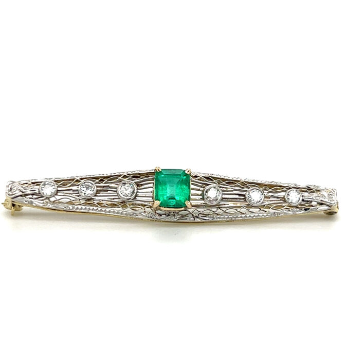 Estate Art Deco Emerald and Diamond Bar Pin