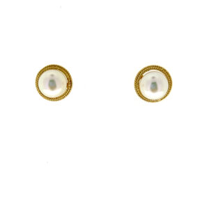 A pair of estate 18 karat yellow gold stud earrings with 7mm pearl centers and gold rope halos